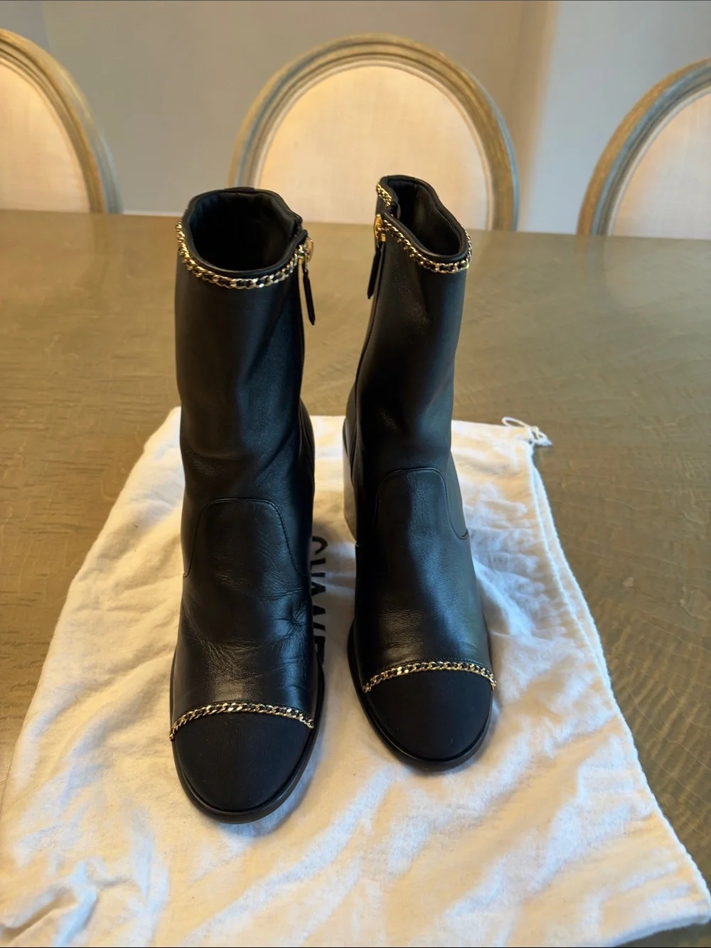 CHANEL Black Leather Golden Chain-Trim Block Heel Boots